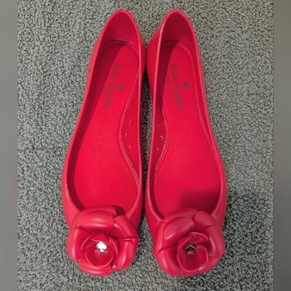 Kate Spade Red Floral Rose Jelly Ballerina Flats Size 6 Dainty Romantic Designer